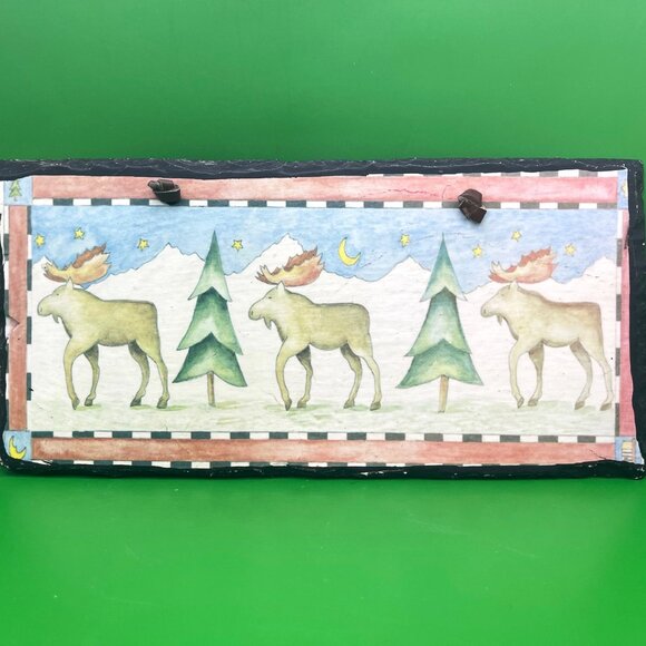 Rustic Moose Slate Wall Hanging Lodge Cabin Décor 12" Art Plaque Leather Strap - Picture 1 of 12